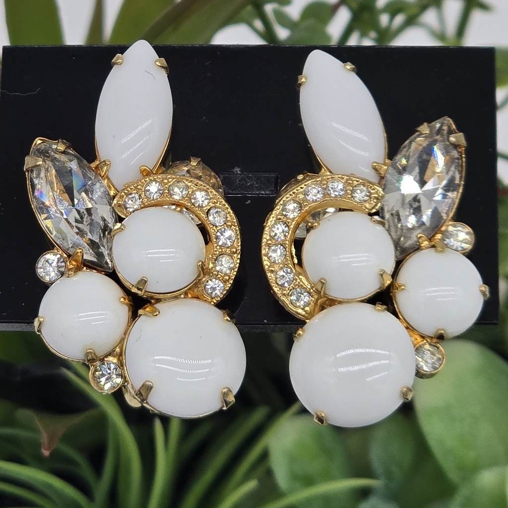 Eisenberg Elegant Gold White Milkglass And Rhinestone Earrings Vintage Estate